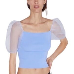 Zara Periwinkle Stretchy Knit Sheer Balloon Sleeve Cropped Square Neck Top S